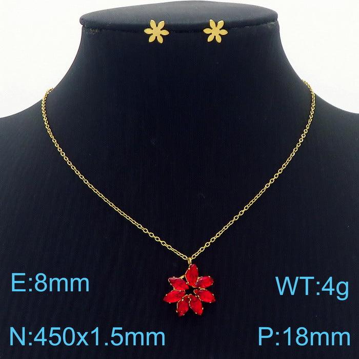 Stainless Steel Cute Flower Zircon Stub Earrings Pendant Necklace Set - kalen