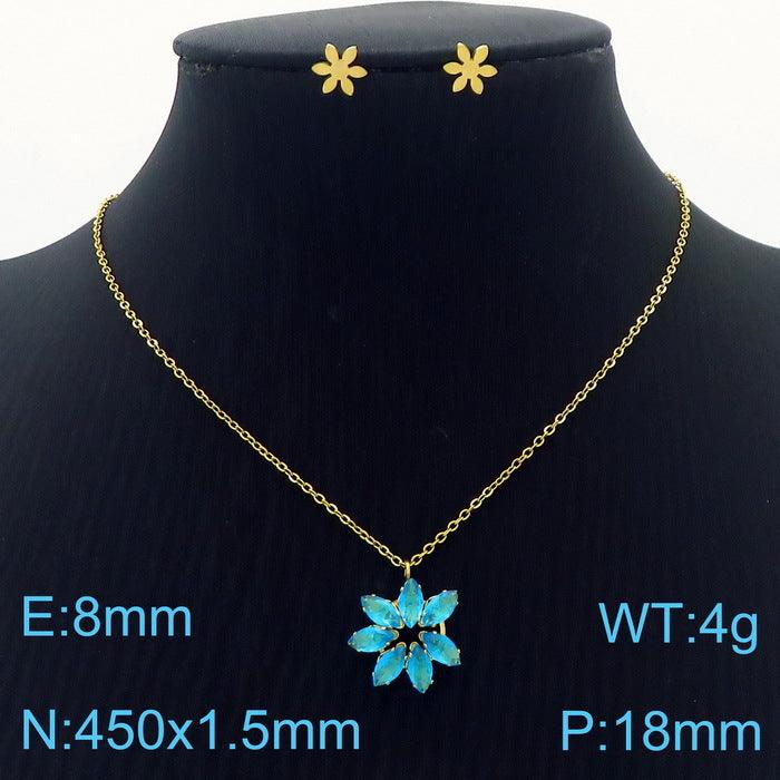 Stainless Steel Cute Flower Zircon Stub Earrings Pendant Necklace Set - kalen