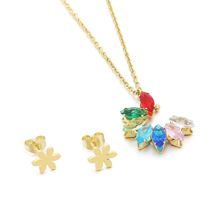 Stainless Steel Cute Flower Zircon Stub Earrings Pendant Necklace Set - kalen