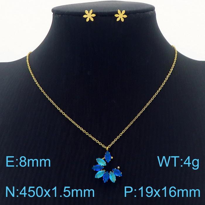 Stainless Steel Cute Flower Zircon Stub Earrings Pendant Necklace Set - kalen