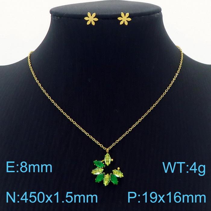 Stainless Steel Cute Flower Zircon Stub Earrings Pendant Necklace Set - kalen