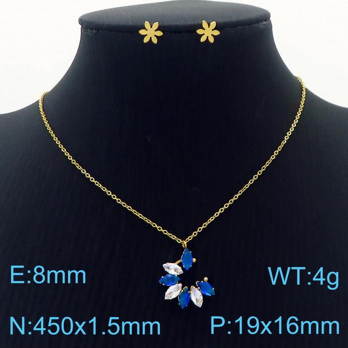 Stainless Steel Cute Flower Zircon Stub Earrings Pendant Necklace Set - kalen