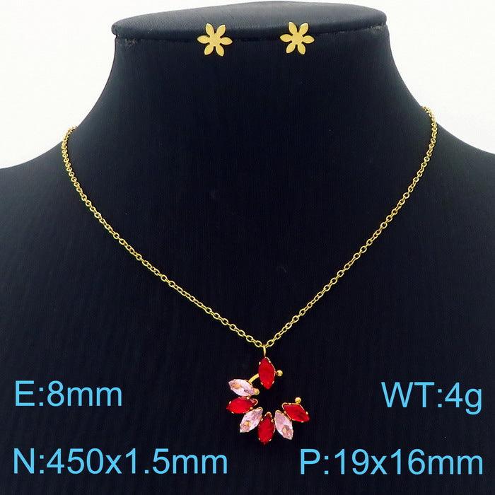 Stainless Steel Cute Flower Zircon Stub Earrings Pendant Necklace Set - kalen