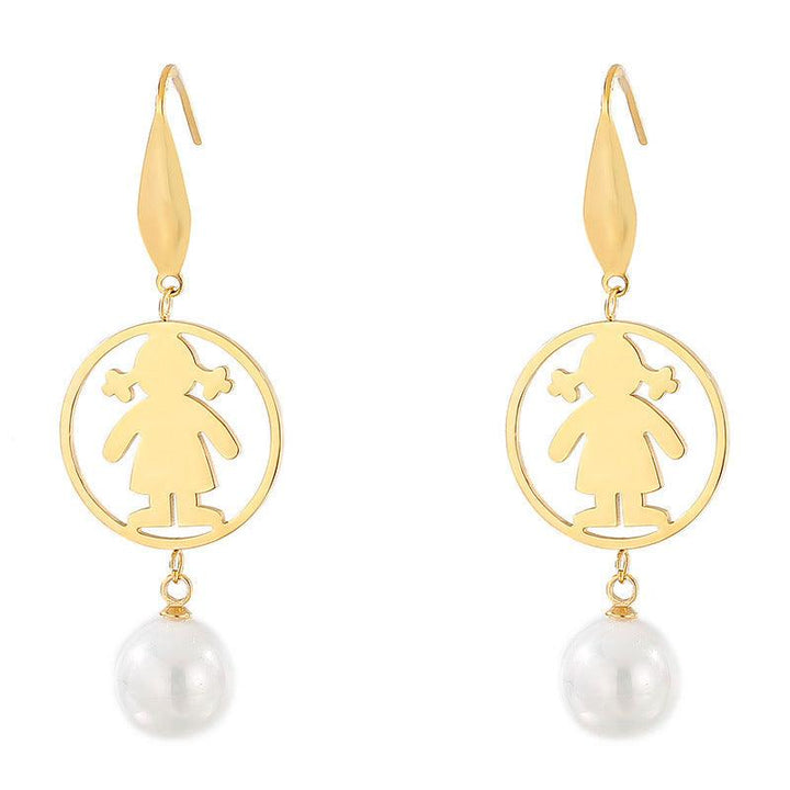 Stainless Steel Cute Girl Pearl Drop Earrings - kalen