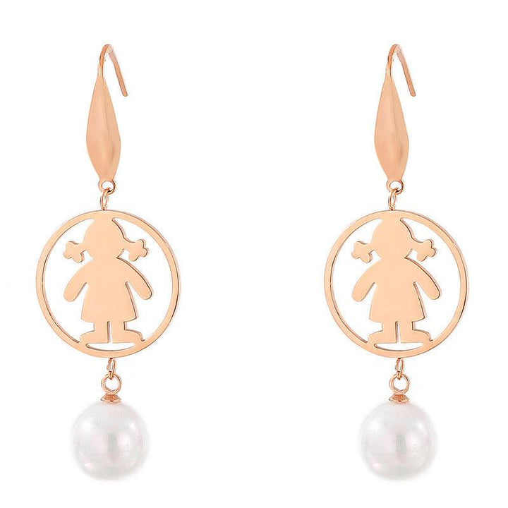 Stainless Steel Cute Girl Pearl Drop Earrings - kalen