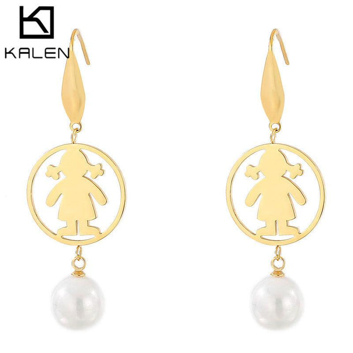 Stainless Steel Cute Girl Pearl Drop Earrings - kalen