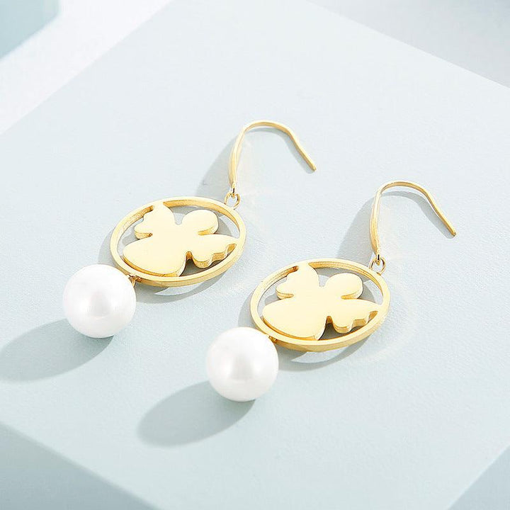 Stainless Steel Cute Girl Pearl Drop Earrings - kalen