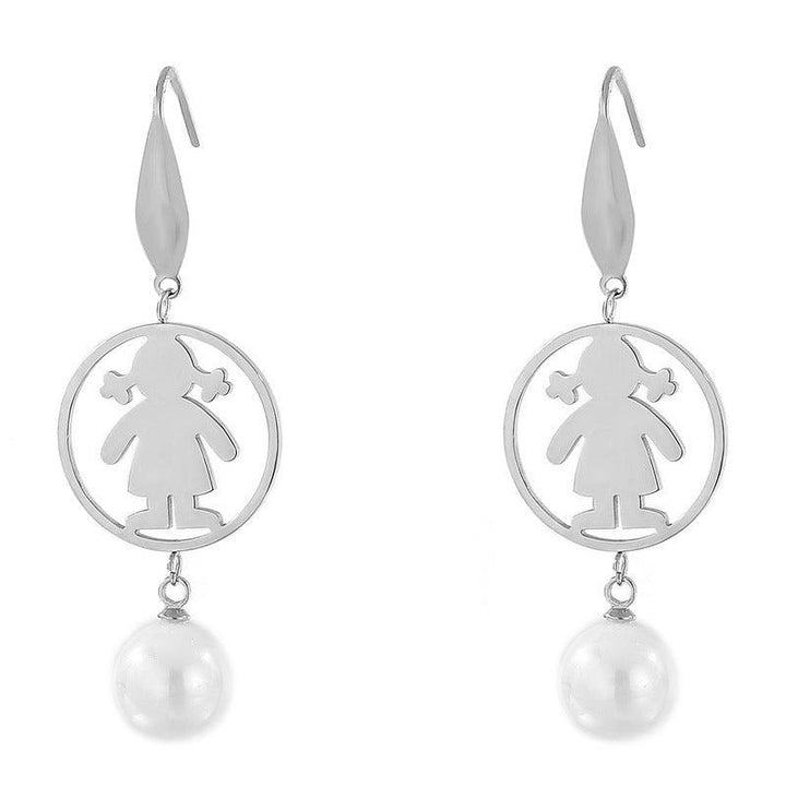 Stainless Steel Cute Girl Pearl Drop Earrings - kalen