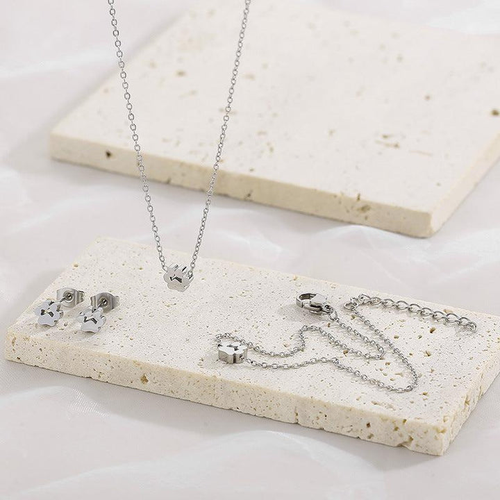 Stainless Steel Cute Paw Stub Earrings Necklace Ring Bracelet Set - kalen