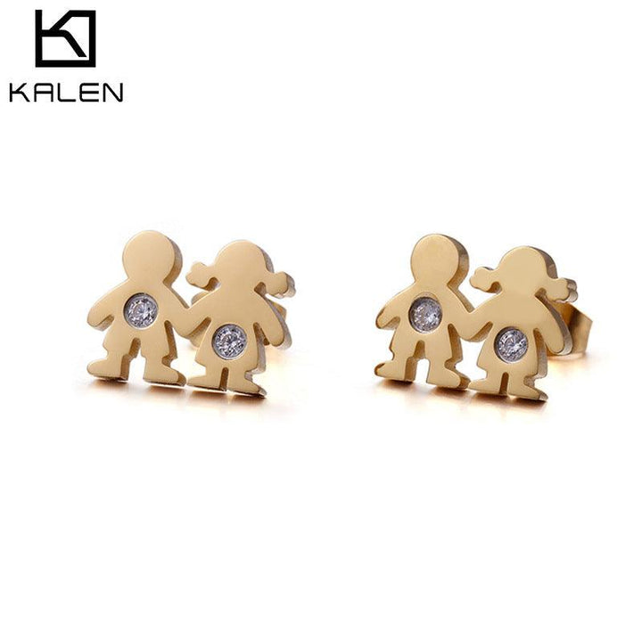 Stainless Steel Cute Zircon Little Boy and Girl Stub Earrings - kalen