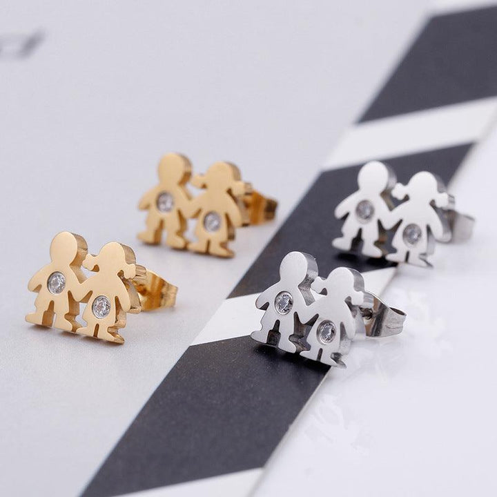 Stainless Steel Cute Zircon Little Boy and Girl Stub Earrings - kalen