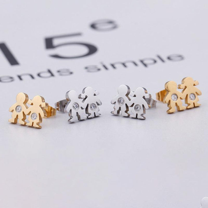 Stainless Steel Cute Zircon Little Boy and Girl Stub Earrings - kalen