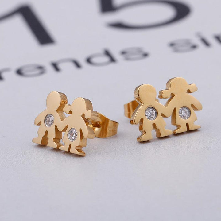 Stainless Steel Cute Zircon Little Boy and Girl Stub Earrings - kalen