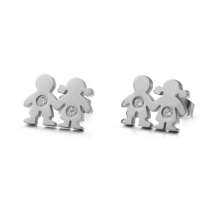 Stainless Steel Cute Zircon Little Boy and Girl Stub Earrings - kalen