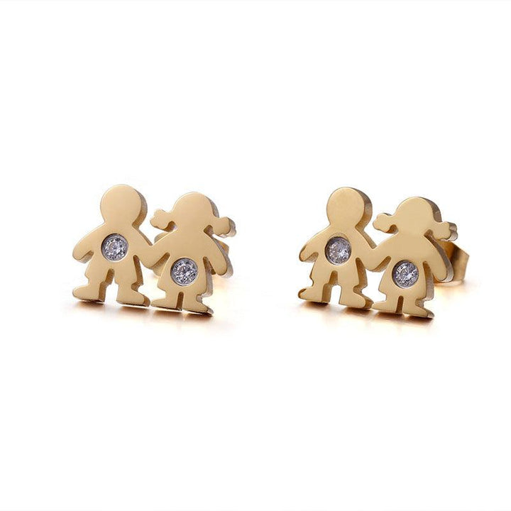 Stainless Steel Cute Zircon Little Boy and Girl Stub Earrings - kalen