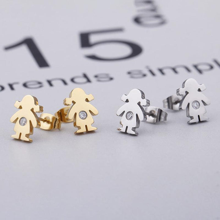 Stainless Steel Cute Zircon Little Girl Stub Earrings - kalen