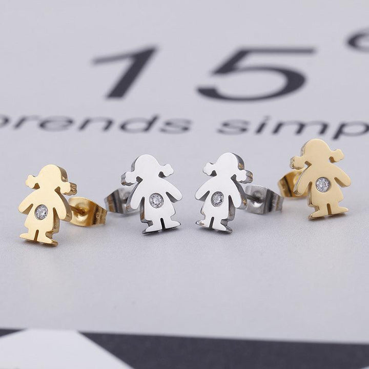 Stainless Steel Cute Zircon Little Girl Stub Earrings - kalen