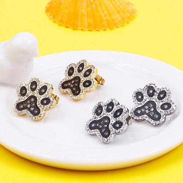 Stainless Steel Cute Zircon Little Paw Stub Earrings - kalen