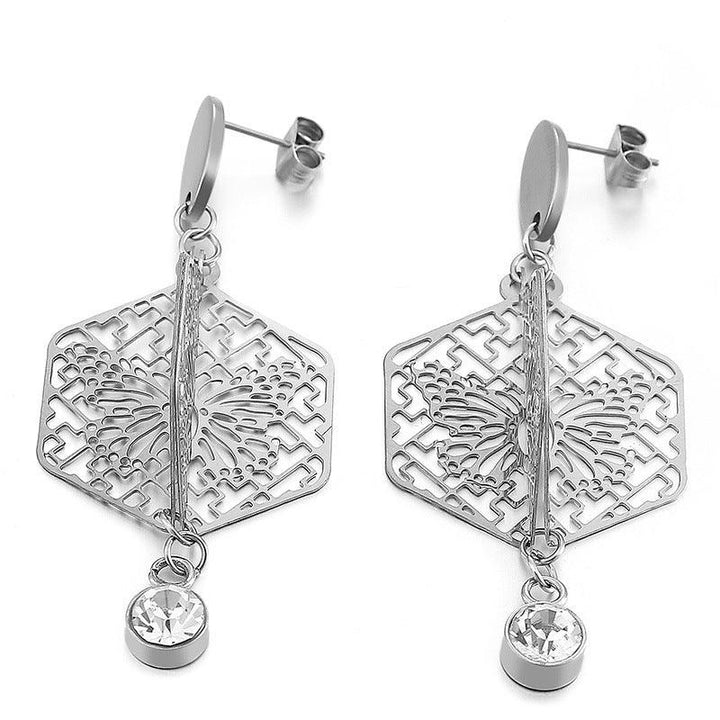 Stainless Steel Cutting Flower Zircon Drop Earrings - kalen