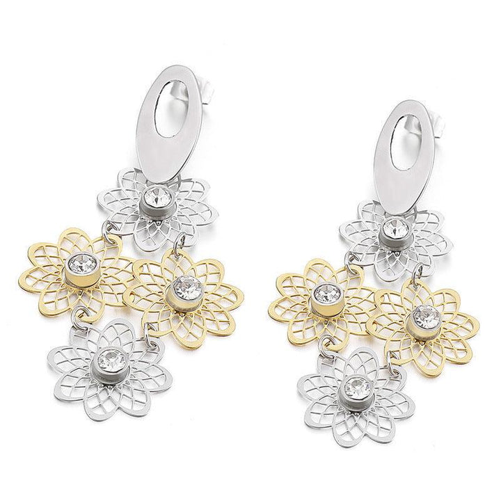 Stainless Steel Cutting Flower Zircon Drop Earrings - kalen