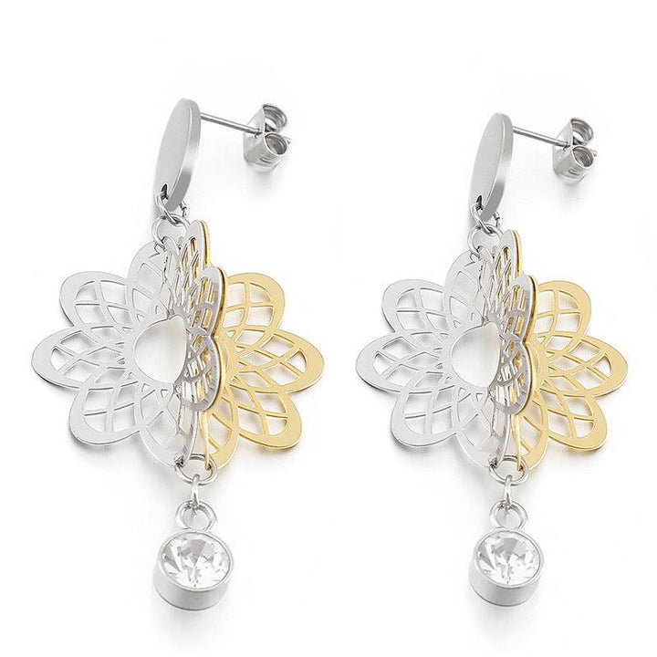 Stainless Steel Cutting Flower Zircon Drop Earrings - kalen