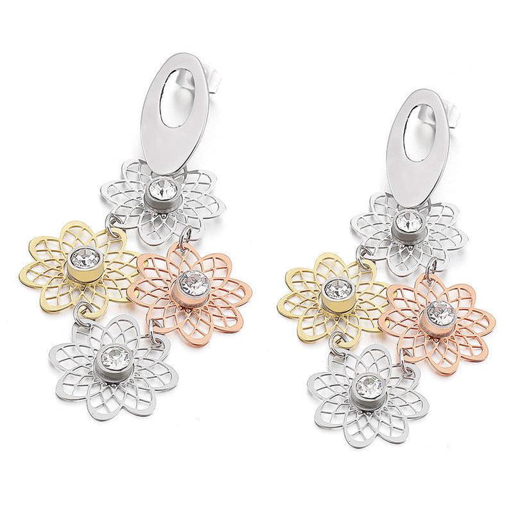 Stainless Steel Cutting Flower Zircon Drop Earrings - kalen