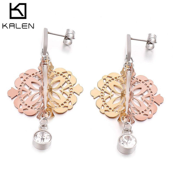 Stainless Steel Cutting Flower Zircon Drop Earrings - kalen