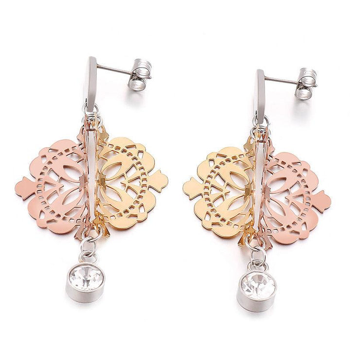 Stainless Steel Cutting Flower Zircon Drop Earrings - kalen