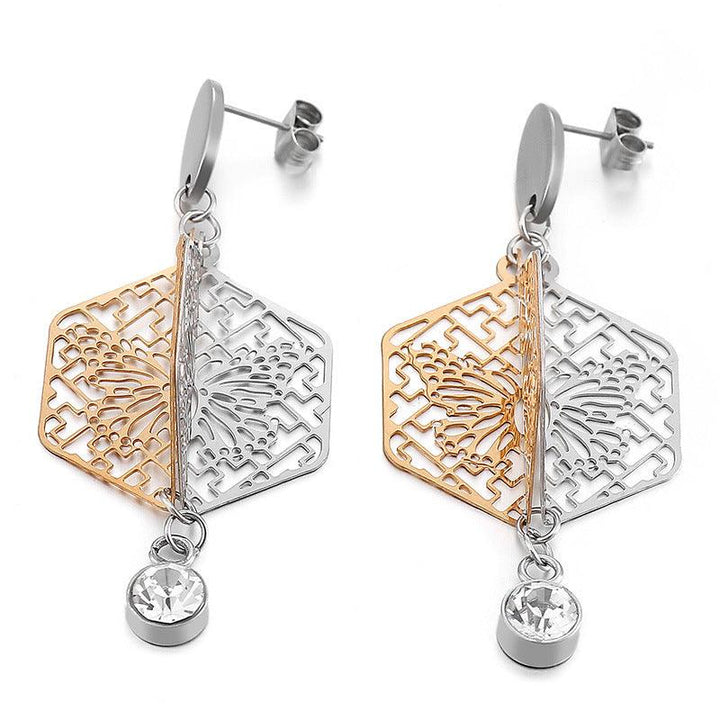 Stainless Steel Cutting Flower Zircon Drop Earrings - kalen