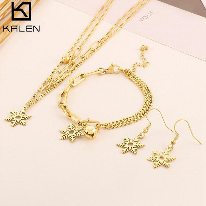 Stainless Steel Double Style Chains Bracelet Necklace Cartoon Bell&amp;Snowflake Charms Personality Christmas Jewelry Sets For Women.