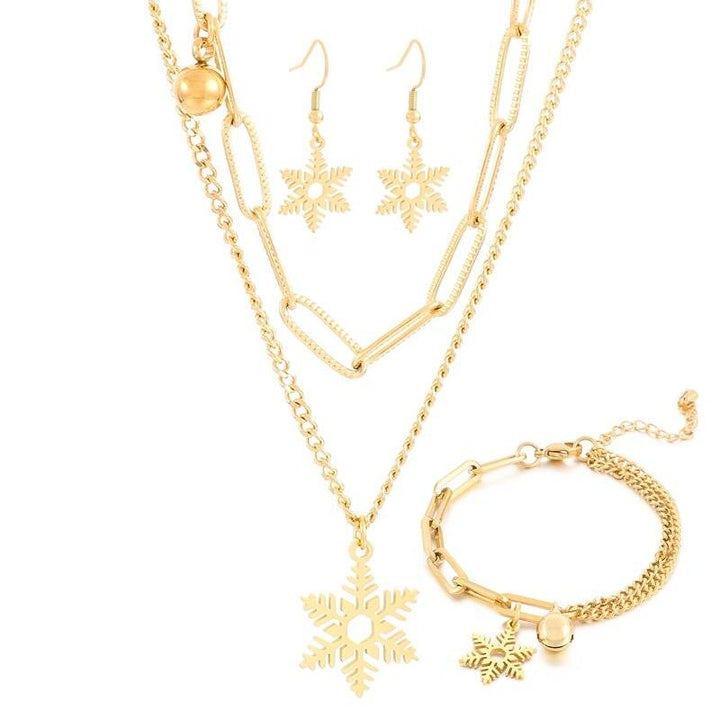 Stainless Steel Double Style Chains Bracelet Necklace Cartoon Bell&amp;Snowflake Charms Personality Christmas Jewelry Sets For Women.