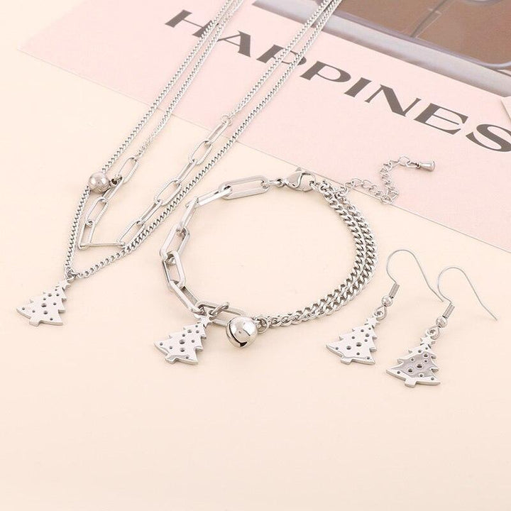 Stainless Steel Double Style Chains Bracelet Necklace Cartoon Bell&amp;Snowflake Charms Personality Christmas Jewelry Sets For Women.