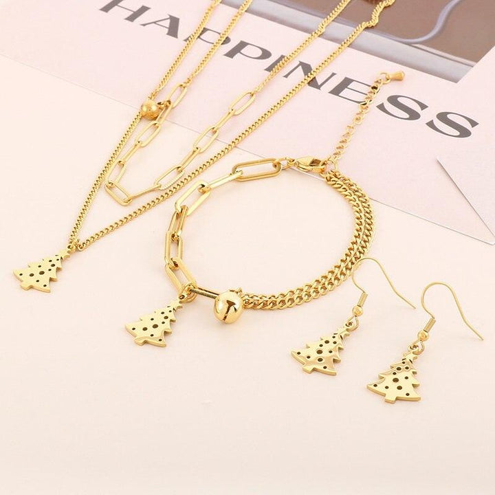 Stainless Steel Double Style Chains Bracelet Necklace Cartoon Bell&amp;Snowflake Charms Personality Christmas Jewelry Sets For Women.