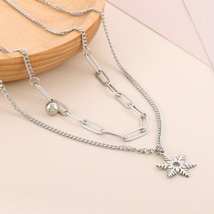 Stainless Steel Double Style Chains Bracelet Necklace Cartoon Bell&amp;Snowflake Charms Personality Christmas Jewelry Sets For Women.