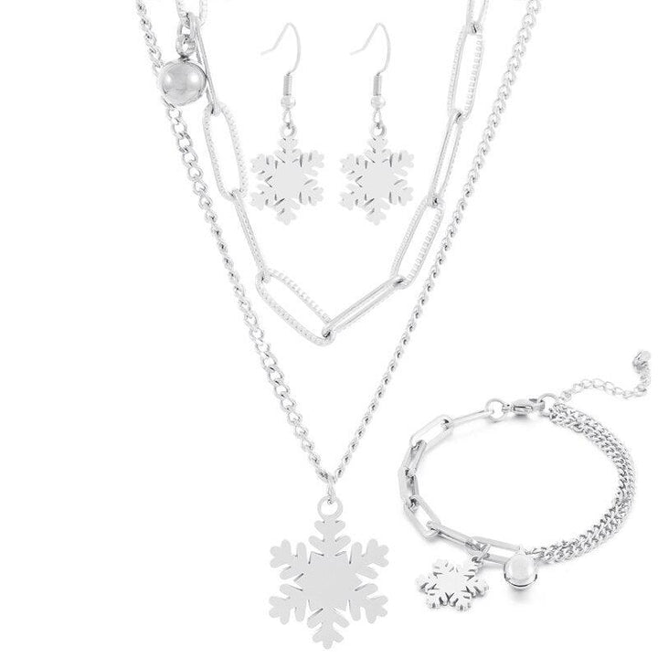 Stainless Steel Double Style Chains Bracelet Necklace Cartoon Bell&amp;Snowflake Charms Personality Christmas Jewelry Sets For Women.