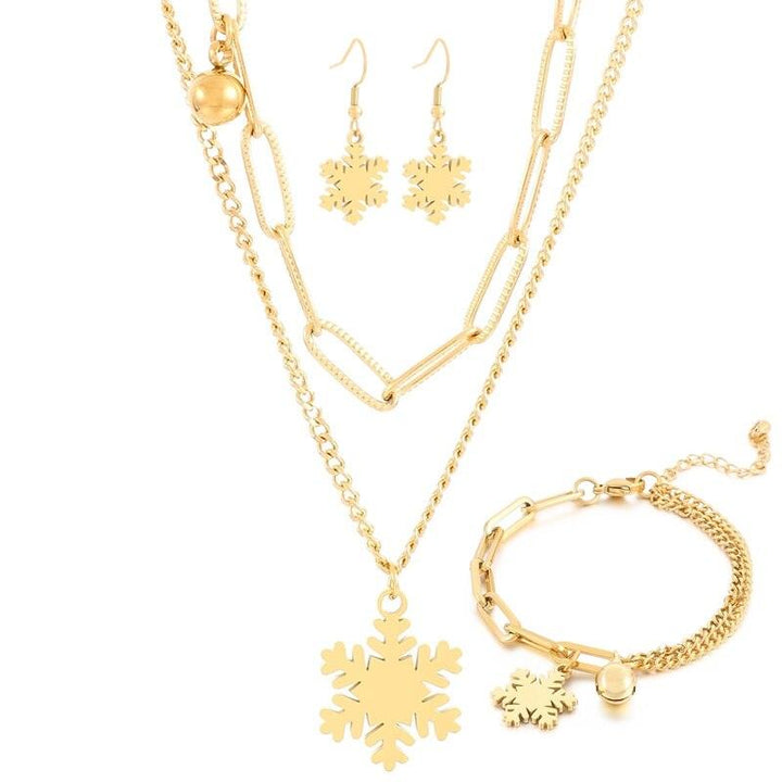 Stainless Steel Double Style Chains Bracelet Necklace Cartoon Bell&amp;Snowflake Charms Personality Christmas Jewelry Sets For Women.