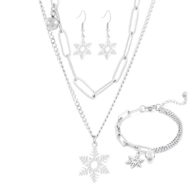 Stainless Steel Double Style Chains Bracelet Necklace Cartoon Bell&amp;Snowflake Charms Personality Christmas Jewelry Sets For Women.