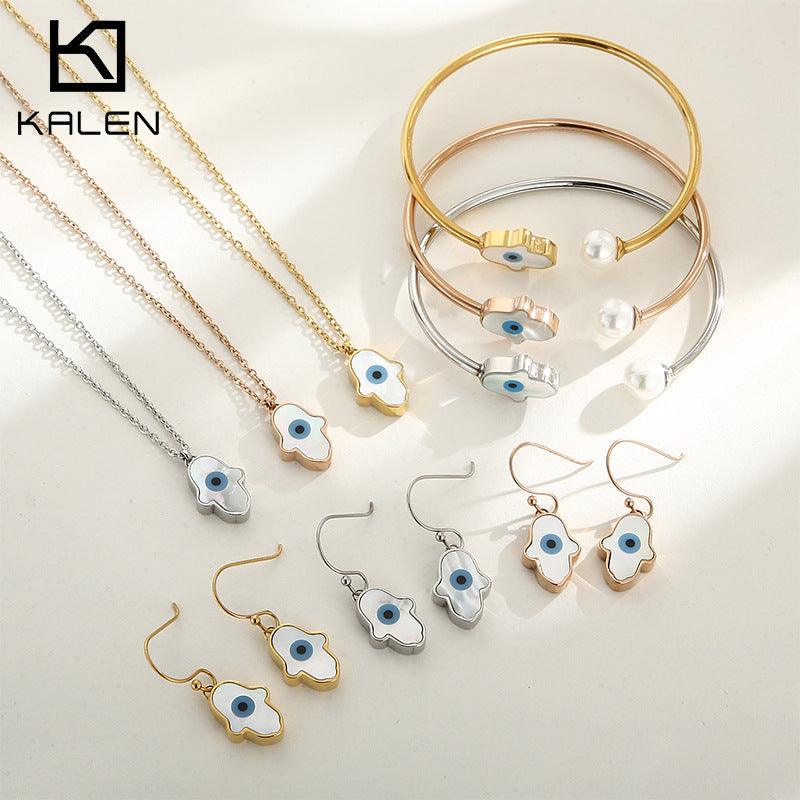 Stainless Steel Evil Eye Round Palm Heart Drop Earrings Bangle Pendant Necklace Set - kalen