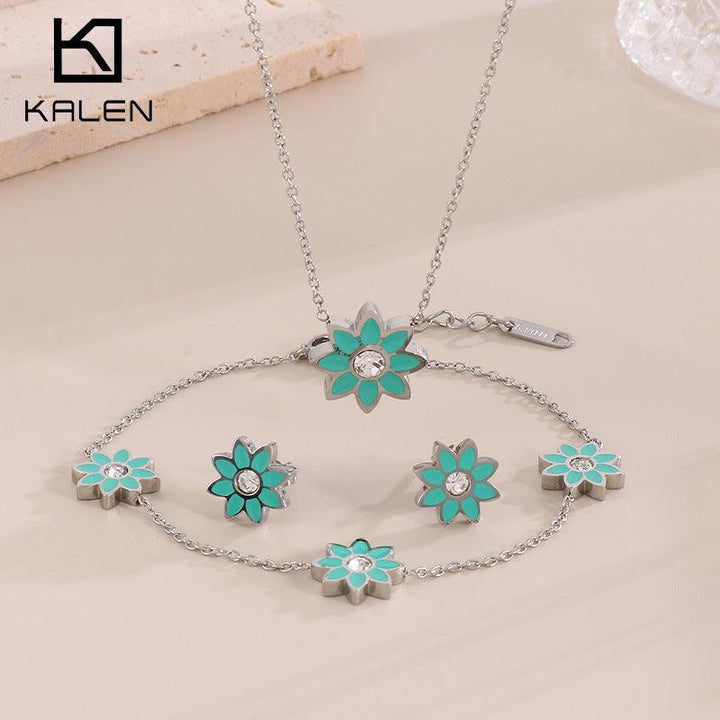 Stainless Steel Flower Zircon Enamel Stub Earrings Pendant Necklace Bracelet Set - kalen