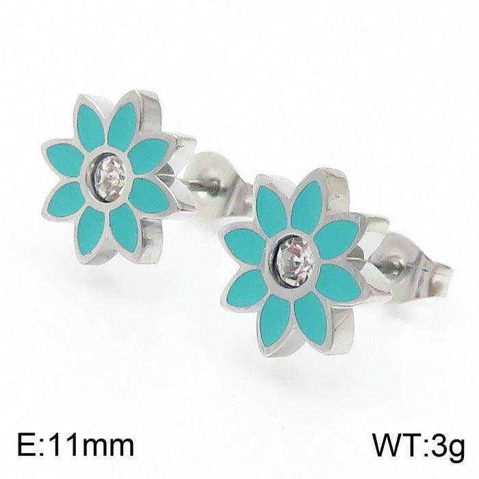 Stainless Steel Flower Zircon Enamel Stub Earrings Pendant Necklace Bracelet Set - kalen