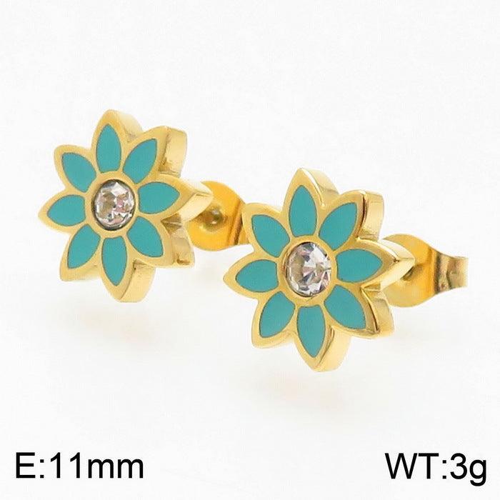 Stainless Steel Flower Zircon Enamel Stub Earrings Pendant Necklace Bracelet Set - kalen