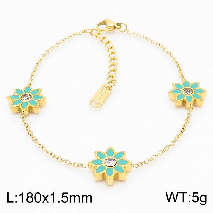 Stainless Steel Flower Zircon Enamel Stub Earrings Pendant Necklace Bracelet Set - kalen