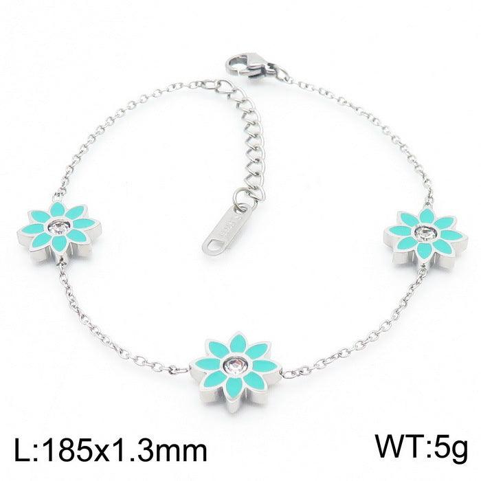 Stainless Steel Flower Zircon Enamel Stub Earrings Pendant Necklace Bracelet Set - kalen