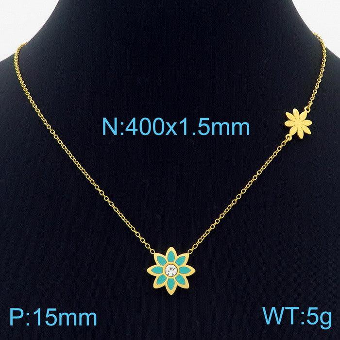 Stainless Steel Flower Zircon Enamel Stub Earrings Pendant Necklace Bracelet Set - kalen