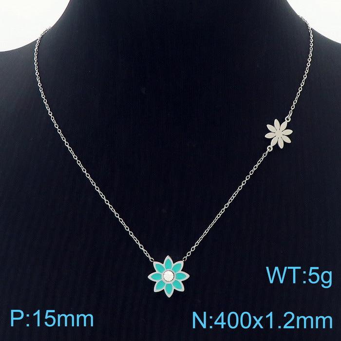 Stainless Steel Flower Zircon Enamel Stub Earrings Pendant Necklace Bracelet Set - kalen