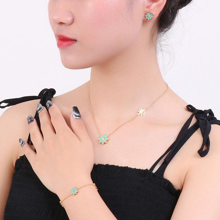 Stainless Steel Flower Zircon Enamel Stub Earrings Pendant Necklace Bracelet Set - kalen