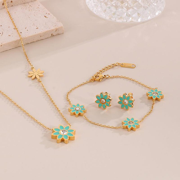 Stainless Steel Flower Zircon Enamel Stub Earrings Pendant Necklace Bracelet Set - kalen