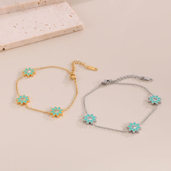 Stainless Steel Flower Zircon Enamel Stub Earrings Pendant Necklace Bracelet Set - kalen