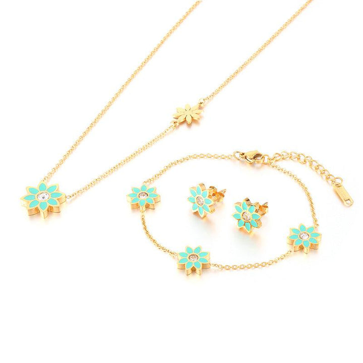 Stainless Steel Flower Zircon Enamel Stub Earrings Pendant Necklace Bracelet Set - kalen