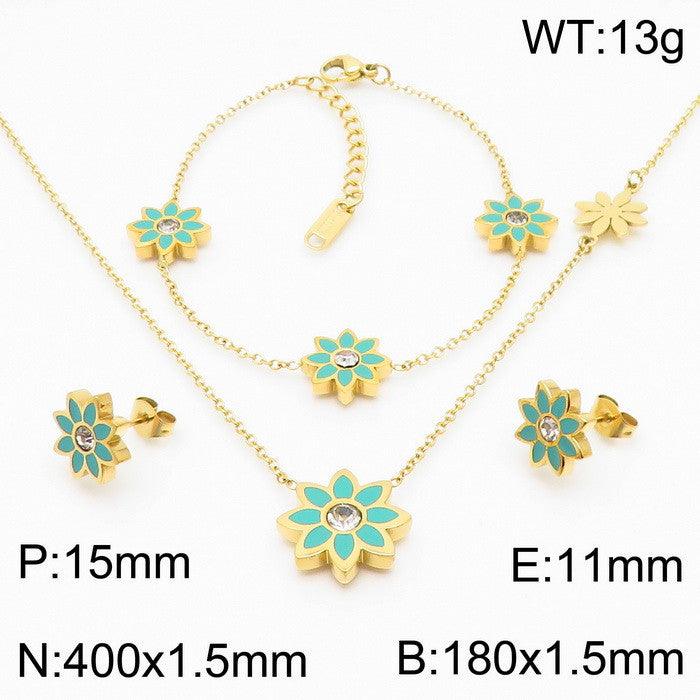 Stainless Steel Flower Zircon Enamel Stub Earrings Pendant Necklace Bracelet Set - kalen